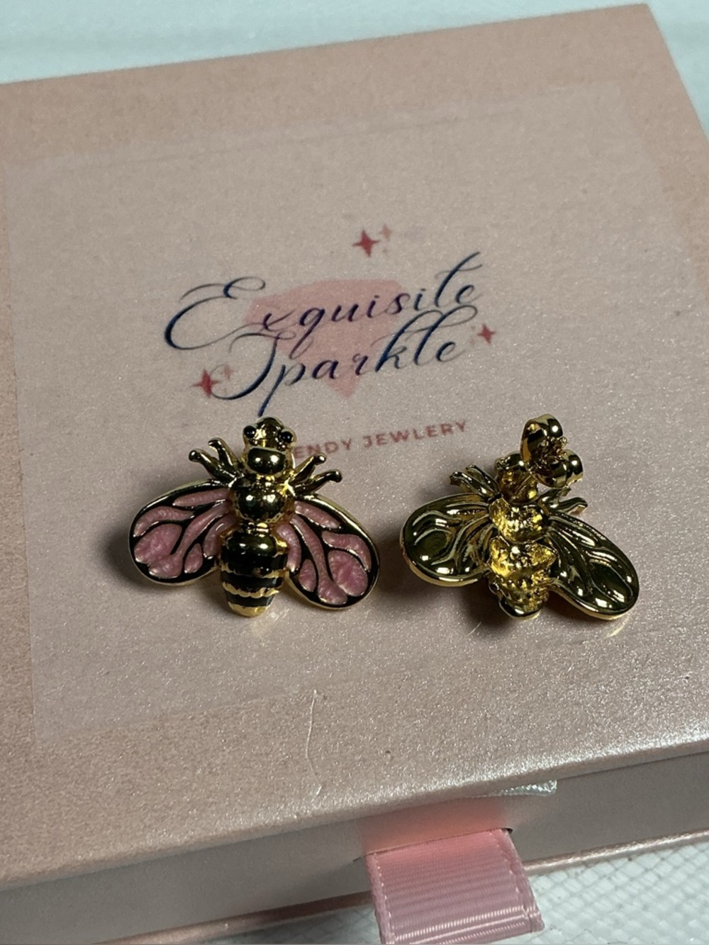 Pink & Black Bee Earrings Hand Painted Enamel Hypoallergenic Post Drop Goldtone - Picture 8 of 16